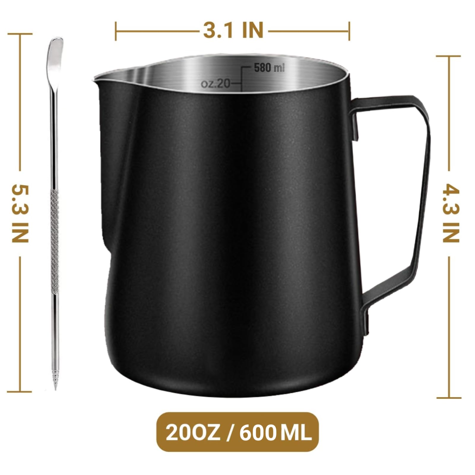 Milk Frothing Pitcher, 350ml/600ml (12oz/20oz) Milk Frother Cup Stainless Steel Jug Steaming Pitcher, Milk Coffee Cappuccino Latte Art Barista Steam Pitchers Milk Jug Cup with Decorating Pen