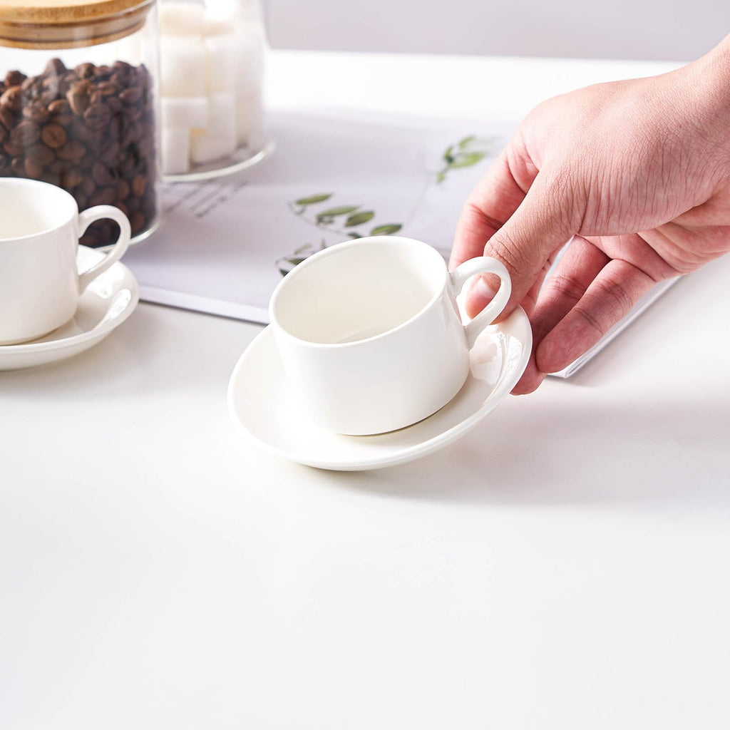 Meichu Espresso Cups Set of 4, 4oz Stackable Coffee Cups with Saucers and Metal Stand, White Demitasse Cups, Expresso Shots Cup Set