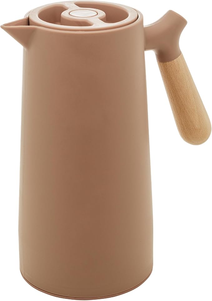 WOLFF - Thermal Coffee Carafe - 34oz / 1L Insulated Plastic Exterior Carafe for Hot or Cold Drinks - Leakproof Coffee and Tea Dispenser with Wood-like Handle and Glass Liner - Black, 34floz/1L