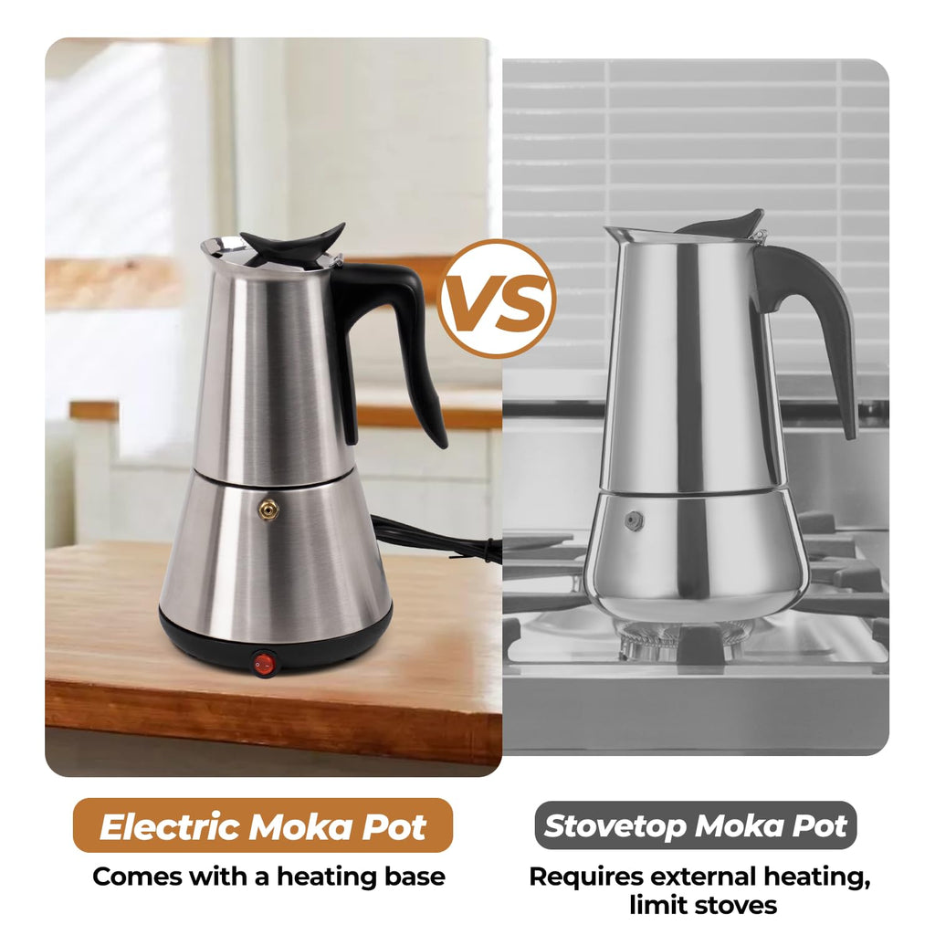 Vaolvpant Electric Stainless Steel Moka Pot 6 Cup 300ml Mocha Pot