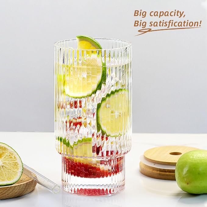 Ribbed Glassware Set of 4, 20oz Origami Style Drinking Glass Cup with Lid and Straw, Iced Coffee, Cocktail, Beer, Juice Stackable Drinking Glasses, Perfect for indoor and outdoor use