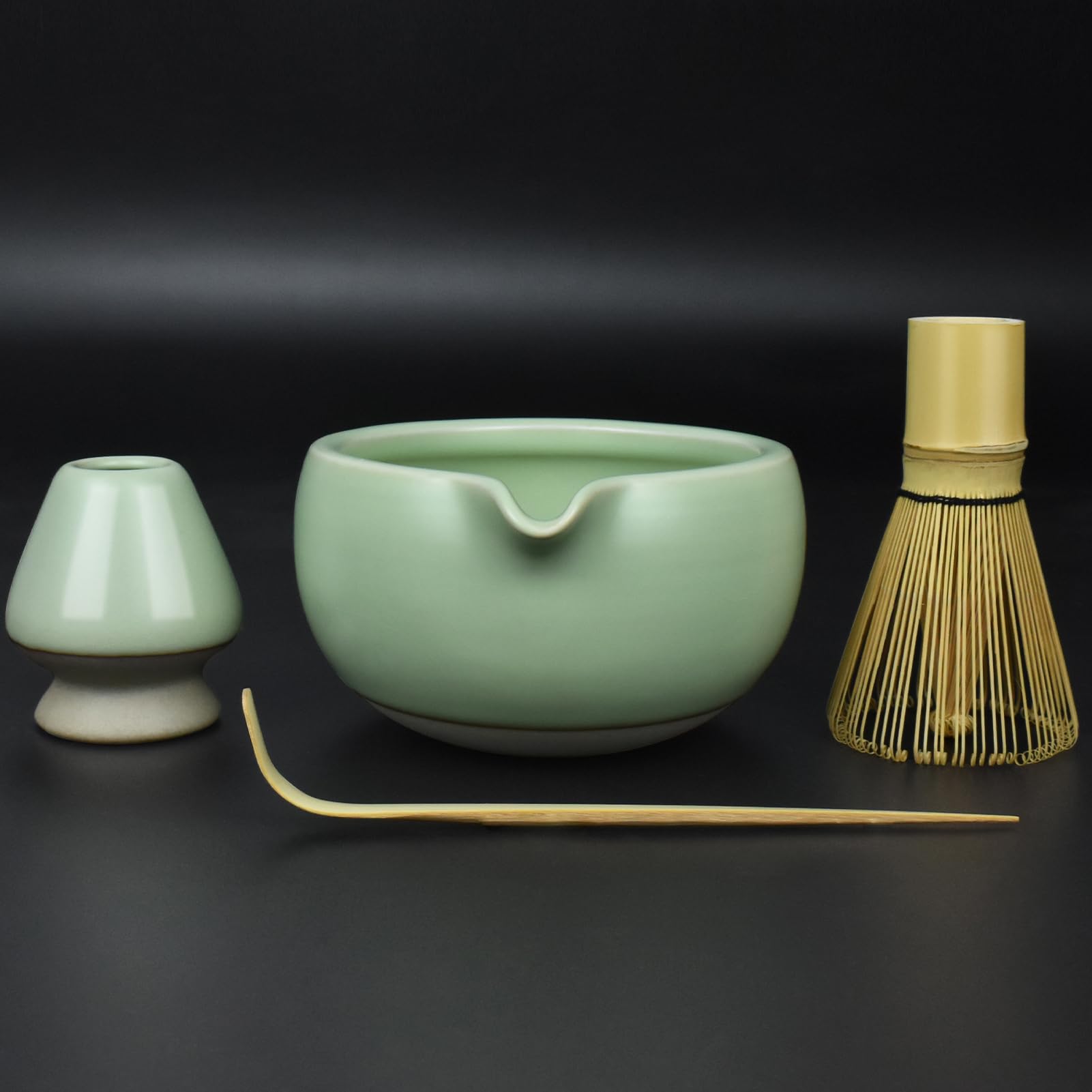 Artcome 4 Pcs Complete Matcha Ceremony Kit - Japanese Bowl With Pouring Spout, Whisk, Holder, Scoop - Tea Set for Making Usucha, Koicha and Latte (Green)