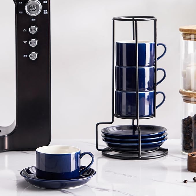 2.5oz Porcelain Stackable Espresso Cups with Saucers and Metal Stand Set of 4, Stackable Cappuccino Cups, Blue Expresso Shots Cup Set for Coffee Drinks, Latte, Tea