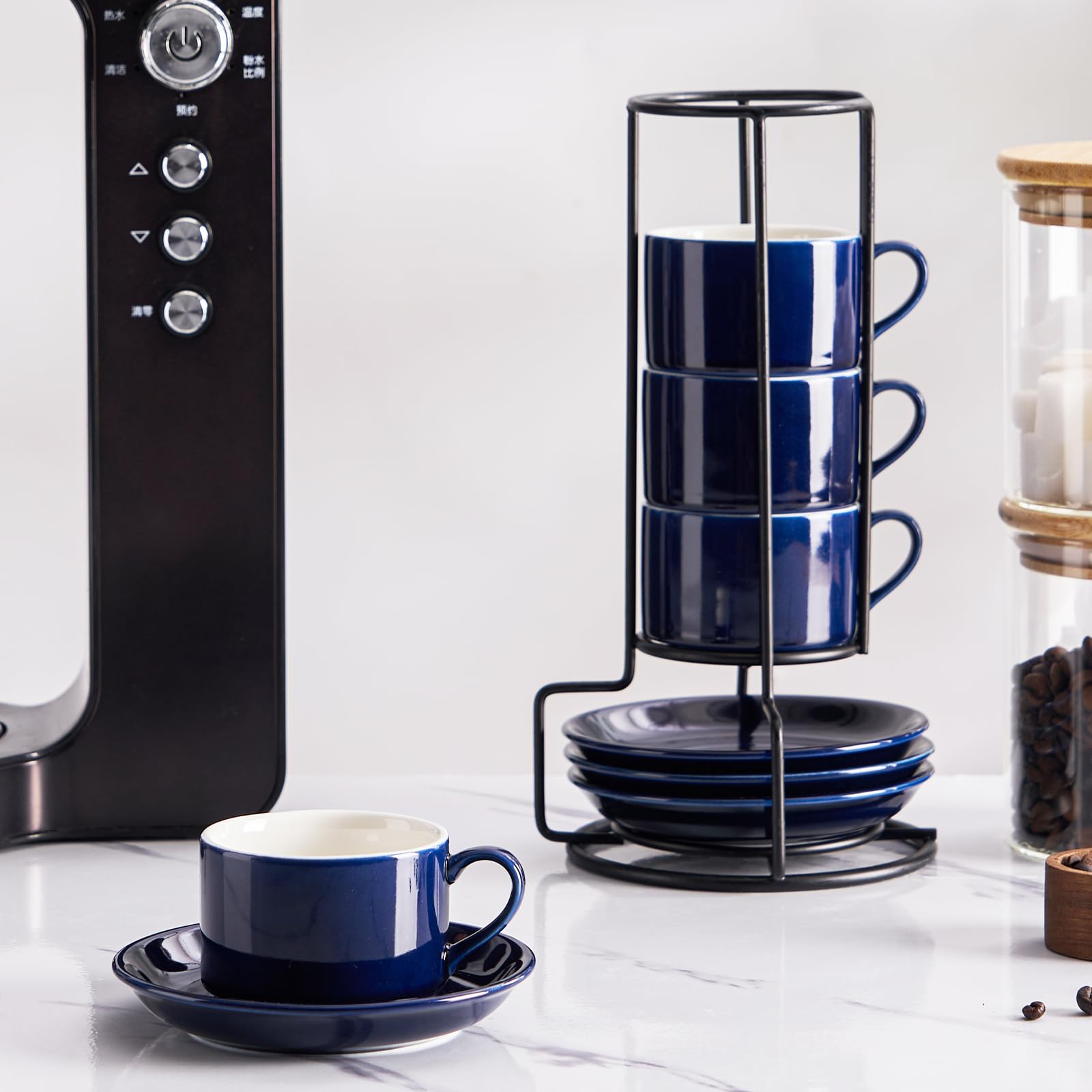 Meichu Cappuccino Cups Set of 4, 8oz Stackable Coffee Cups Set with Saucers and Metal Stand, Blue Coffee Mugs and Saucers for Cappuccino, Latte, Americano and Tea
