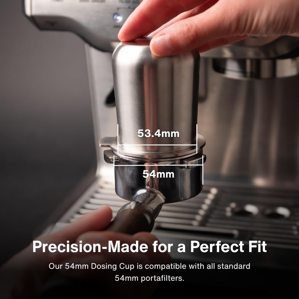 CREMA Coffee Products 54mm Dosing Cup | Compatible with any 54mm Portafilters | Durable 100% Stainless Steel | Built-In Grinder Tab for Easy Transfer | Sleek, Mess-Free Design | Black Finish