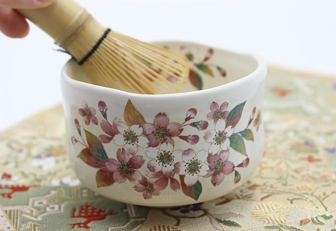 Japanese Traditional Mino Ware Handcrafted Mini Matcha Chawan Tea Bowl Cup Set With Chasen Bamboo Tea Whisk Ceremony Tableware Pottery (Kohiki Sakura)