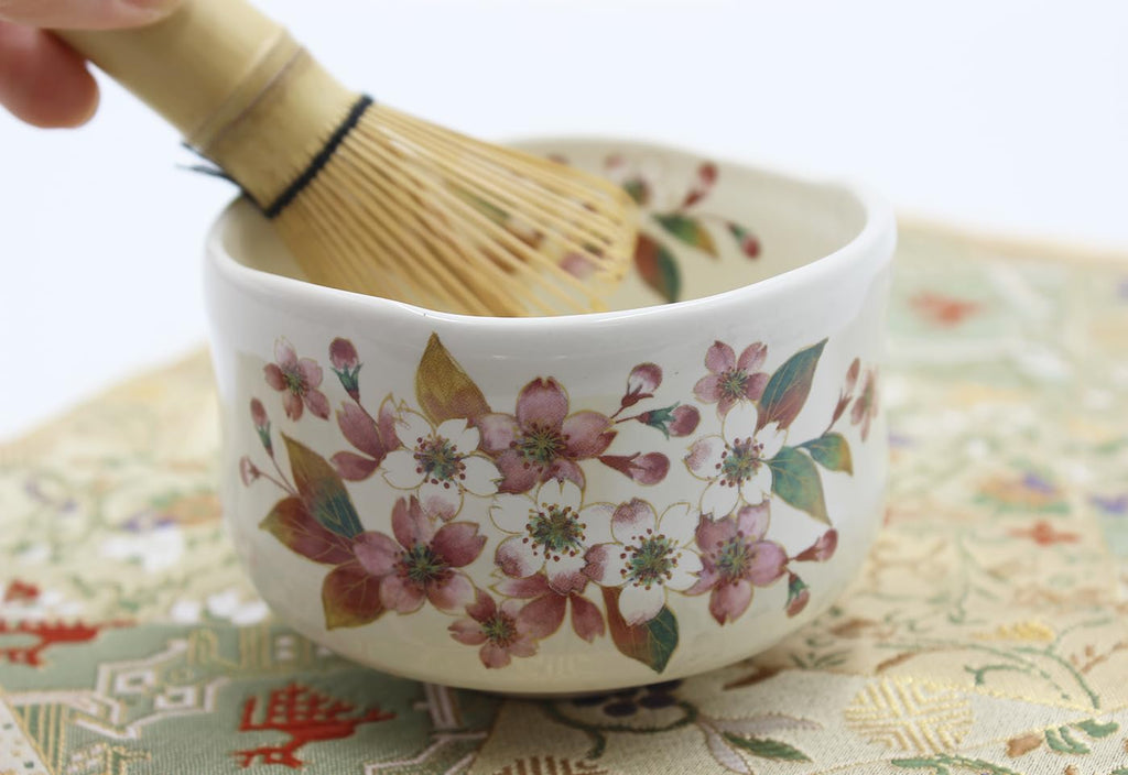 Waraku Fuuka Japanese Traditional Mino Ware Handcrafted Mini Matcha Chawan Tea Bowl Cup Set With Chasen Bamboo Tea Whisk Ceremony Tableware Pottery (Kohiki Sakura)