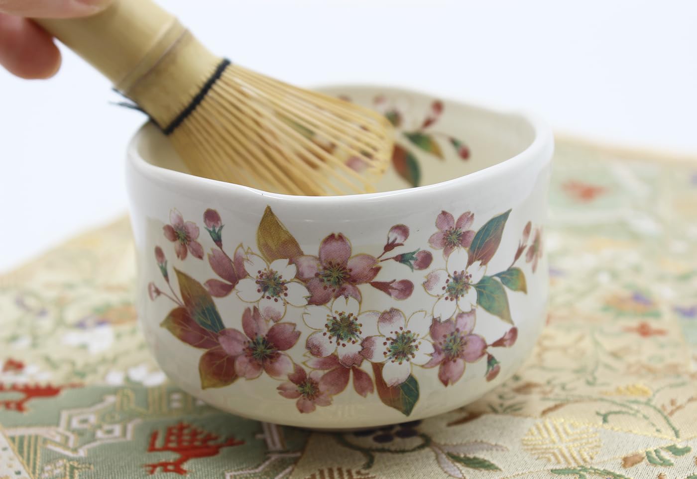 Waraku Fuuka Japanese Traditional Mino Ware Handcrafted Mini Matcha Chawan Tea Bowl Cup Set With Chasen Bamboo Tea Whisk Ceremony Tableware Pottery (Kohiki Sakura)