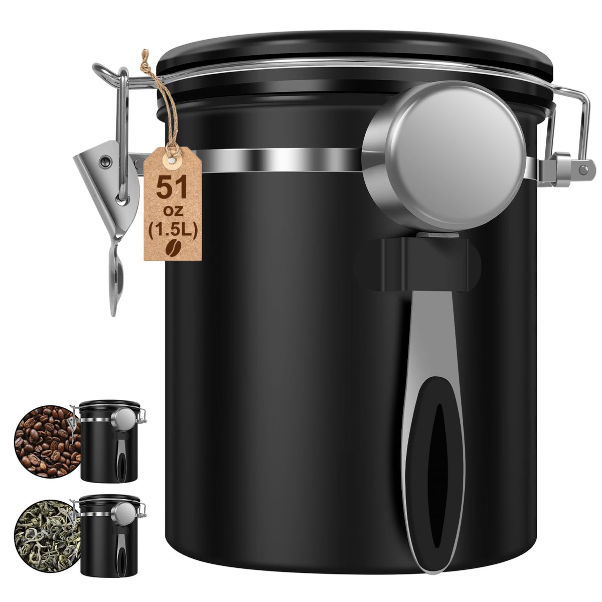 2PCS Coffee Bean Storage Container Set, 1.5L 51oz Airtight Stainless Steel Coffee Canister with Scoop & Date Tracker, Coffee Grounds Container for Coffee Bar, Tea, Sugar, for Coffee Lovers, Black