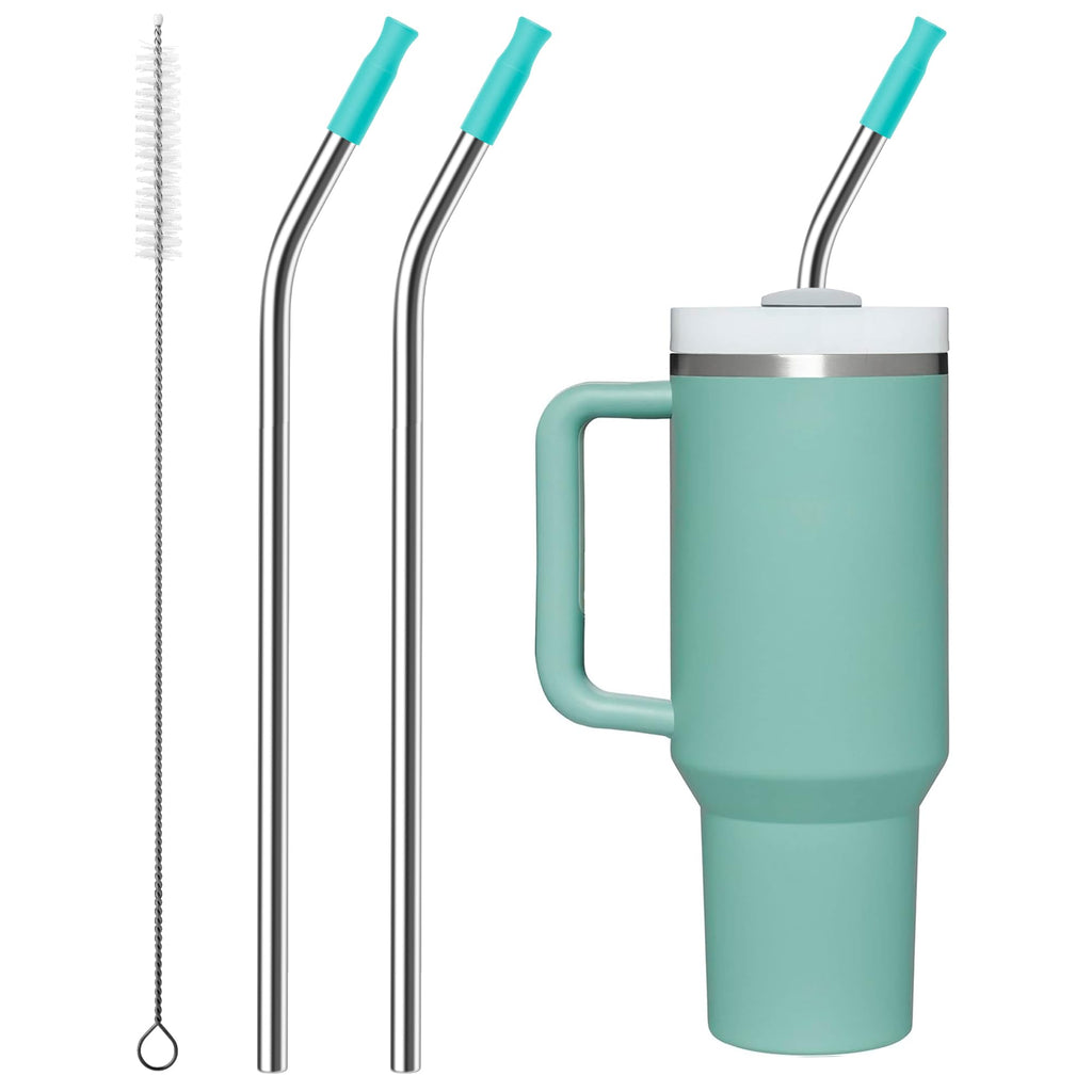 Bluwing 2 Pcs Stainless Steel Straw with Silicone Tips for 40 oz Stanley Tumbler, Repeatable 40 oz Metal Straws for Stanley Adventure Quencher Travel Tumbler Cup, BPA Free（Light Green）