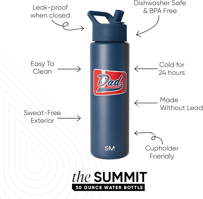 Simple Modern Father's Day Summit Water Bottle with Straw Lid | Vacuum Insulated Stainless Steel Metal Thermos | Reusable Leak Proof BPA-Free Flask for Sports Gym | 30oz, Vintage Dad