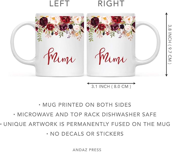 Andaz Press 11oz. Mother's Day Ceramic Coffee Tea Mug Gift, Fall Autumn Marsala Burgundy Flowers Roses Florals, Mimi, 1-Pack, Includes Gift Box, Birthday Christmas Gift Ideas