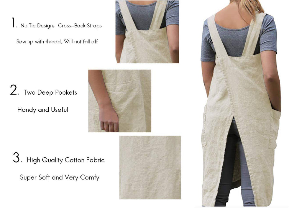Larmliss Women's Pinafore Square Apron Baking Cooking Gardening Works Cross Back Cotton/Linen Blend Dress with 2 Pockets Apricot-M