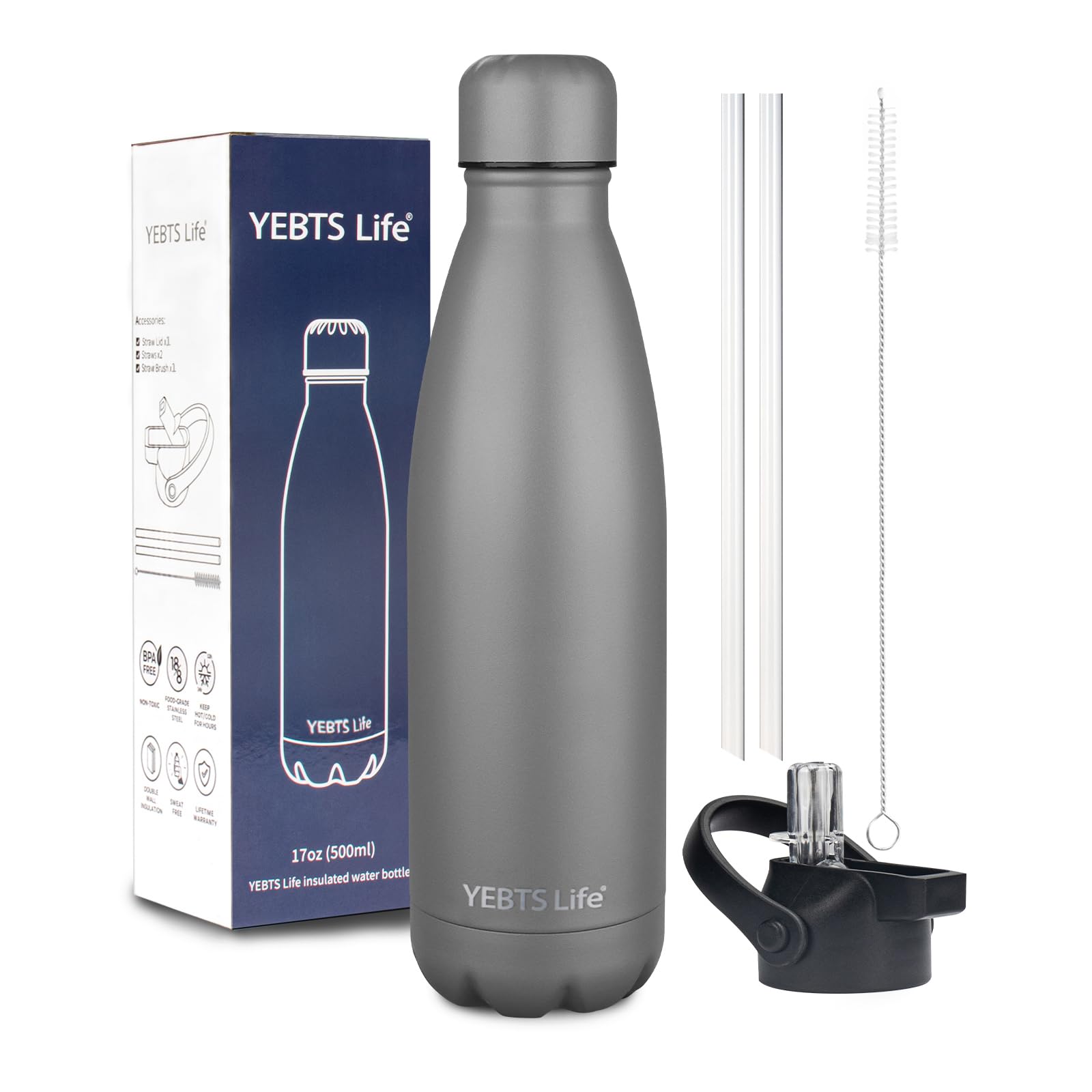 Insulated Water Bottle,17oz Stainless Steel Water Bottles with straw lid,Metal Sports Thermos Water Bottles for Boys,Girls,Double Wall Vacuum BPA-Free Flask for School, Sports (Grey)
