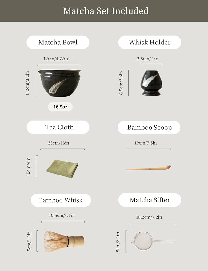 6-pcs Japanese Matcha Whisk Set with Handmade Wabi-Sabi Ceramic Bowl(Chawan),Bamboo Chasen, Whisk Holder, Scoop, Sifter & Tea Towel,Matcha Ceremony Kit,(Ink Cloud)