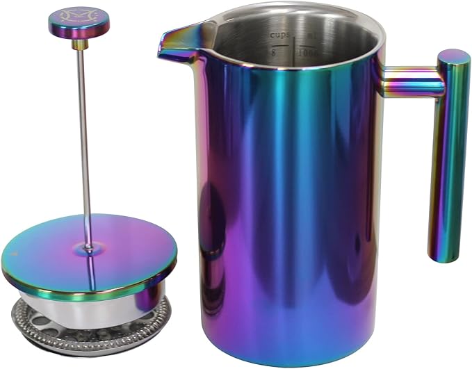 French Press Coffee Maker – Stainless Steel Coffee Maker Double Walled French Press Rainbow 34oz/1L
