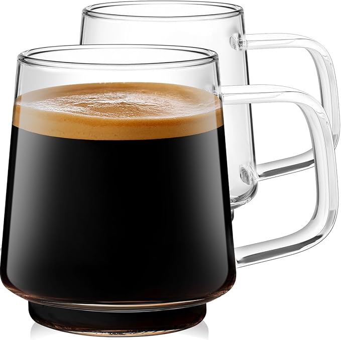 Aquach 16oz Stackable Glass Mugs Set of 2, Large Clear Coffee Tea Cups
