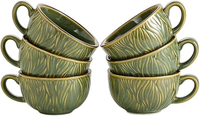 Set of 6 Vintage Design 12 oz Professional Barista Ceramic Latte Art Cappuccino Cups Set (Wave Green)