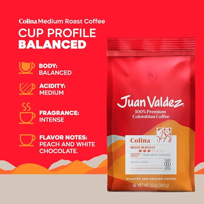 Juan Valdez Colina Ground Coffee, Balanced Roast 12 OZ - Premium Colombian Coffee - Unique “Caracolito” beans produce a coffee of balanced flavor (Pack of 2)