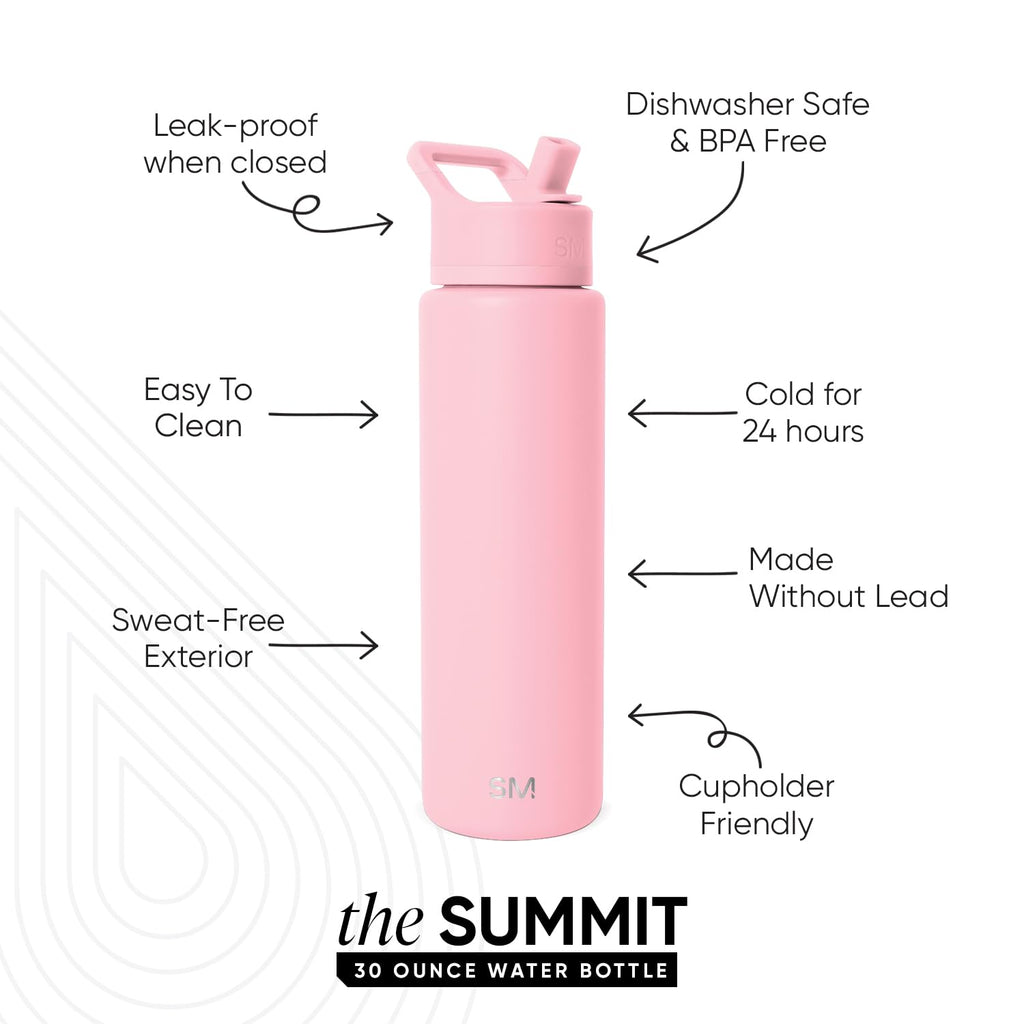 Simple Modern Insulated Water Bottle with Straw | 30oz | Pink