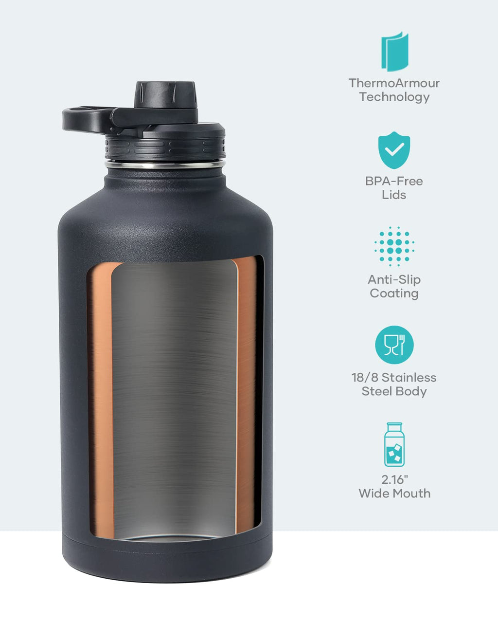 BUZIO Half Gallon Water Jug Insulated Stainless Steel (Cold for 48 Hrs)