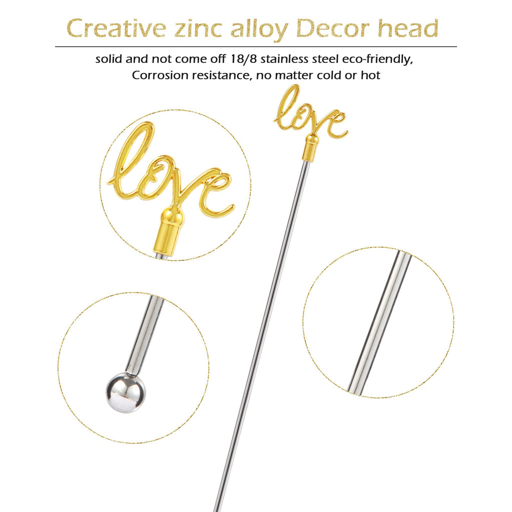 4Pcs Cocktail Stirrers Swizzle Sticks Stainless Steel 7.3" Coffee Stir Sticks with Gold Mr & Mrs,LOVE Shape, for Mixing Cocktail Metal Stir Sticks for Coffee Bar