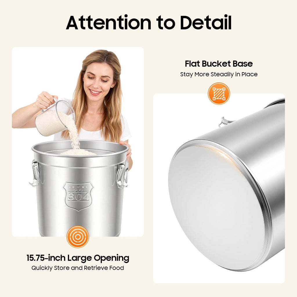 PERFERATE 304 Stainless Steel Airtight Canister 6L/12L Food Storage Bucket with Lids and Sturdy Locking Clamp Metal Cereal Rice Storage Container for Flour, Coffee Bean, Sugar, Cookie (48L)