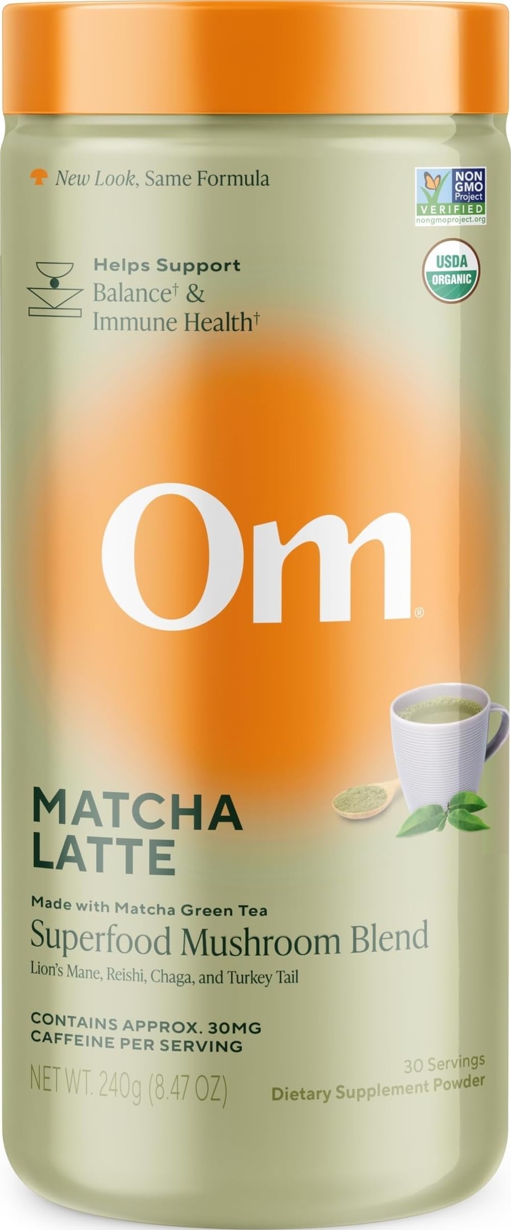 OM MUSHROOM SUPERFOOD Matcha Latte Blend – Green Tea Mushroom Powder with Lion’s Mane, Reishi, Chaga & Turkey Tail – Focus, Calm & Stress Support – 8.47 oz Canister (30 Servings)