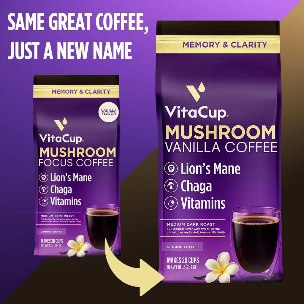 VitaCup Mushroom Vanilla Flavored Medium Roast Ground Coffee, 40oz, 4 Bags