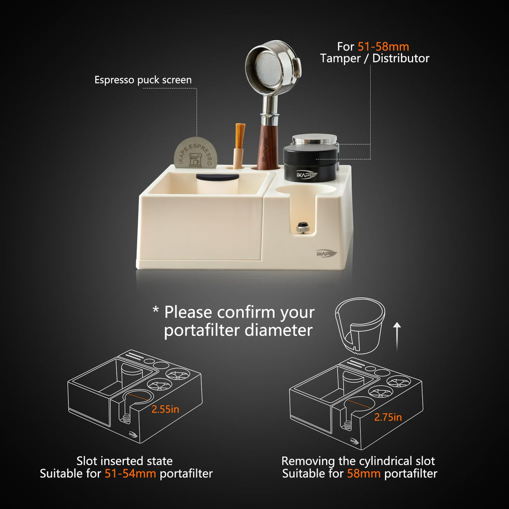 IKAPE Espresso Knock Box, Espresso Coffee Organizer Box Fit for Storage 51, 54, 58MM Espresso Tamper, Distributor, Portafilter & Puck Screen Accessories, Plastic Station Base(White)