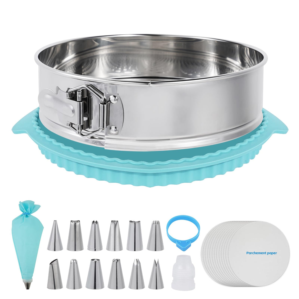 Aufind 10 Inch Springform Pan for Baking, 304 Stainless Steel Cheesecake Pan with Removable Bottom, Includes 12 Piping Tips and 50 Parchment Papers for Pie Cake Pizza and Quiches(10" Cake pan)
