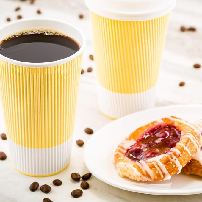 Restaurantware 16 Ounce Double Wall Disposable Coffee Cups, 500 Insulated Light Yellow Paper Tumblers with Ripple Wall Design, Lids Sold Separately for Hot Drinks like Tea, Hot Chocolate and More