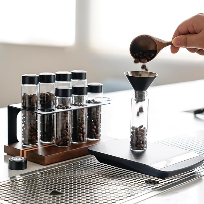 watchget Coffee Bean Storage Tubes Single Dose Coffee Bean Cellars 8 Pcs with One-way Exhaust Valve Sealed Airtight Coffee Bean Storage Jars with Hopper, Wooden Display Stand, A