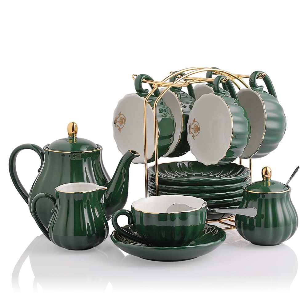 Sweejar Porcelain Tea Sets British Royal Series, 8 OZ Cups & Saucer Service for 6, with Teapot Sugar Bowl Cream Pitcher Teaspoons and Tea Strainer, Suitable for High Tea, Wedding, Party(Blush Pink)