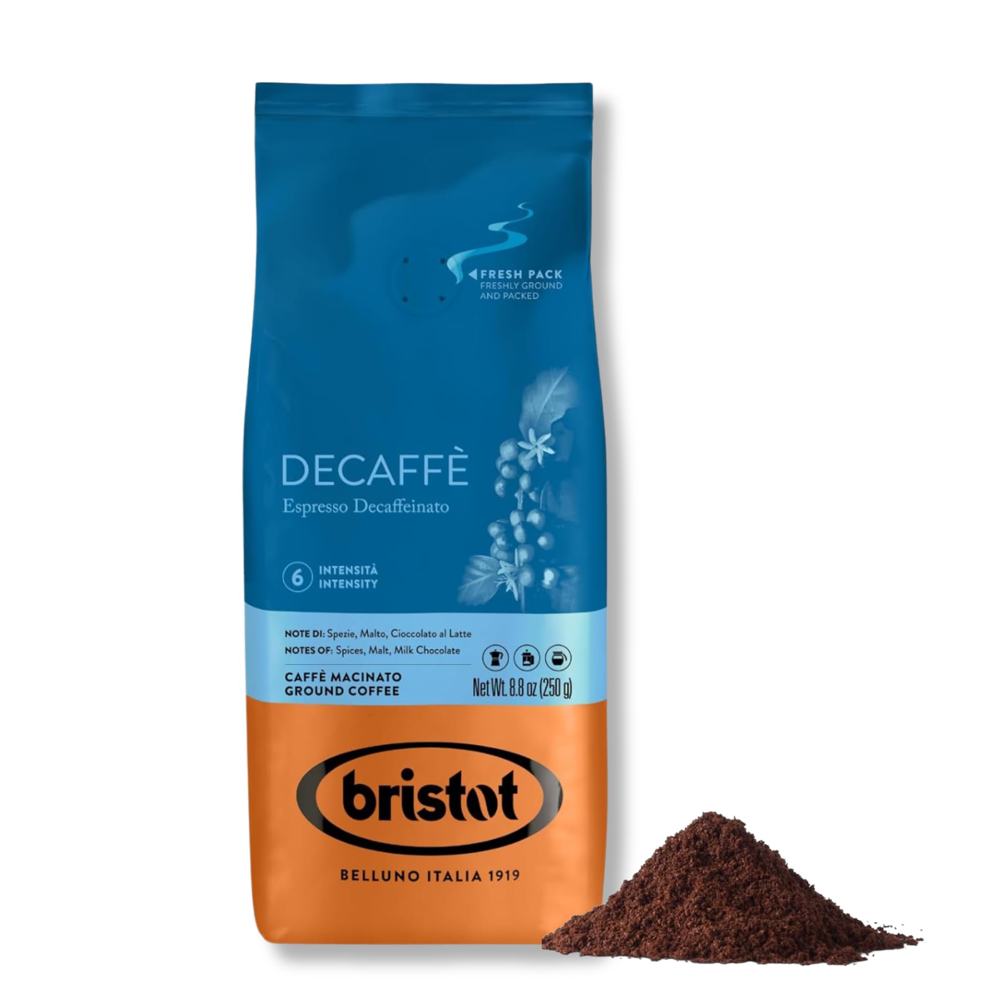 Bristot Decaf Ground Espresso – Medium Roast Italian Coffee – Smooth & Bold Flavor – For Moka, French Press and Filter - 8.8 oz (250g)