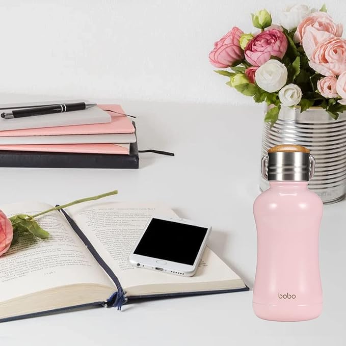 YOHKOH Mini Insulated Water Bottle With Bamboo Lid - 8.8oz Small Vacuum Insulated Water Bottle for Women Kids, 12 Hrs Hot & 24 Hrs Cold Stainless Steel Thermos Leak-Proof BPA-Free (8.8oz,Pink)