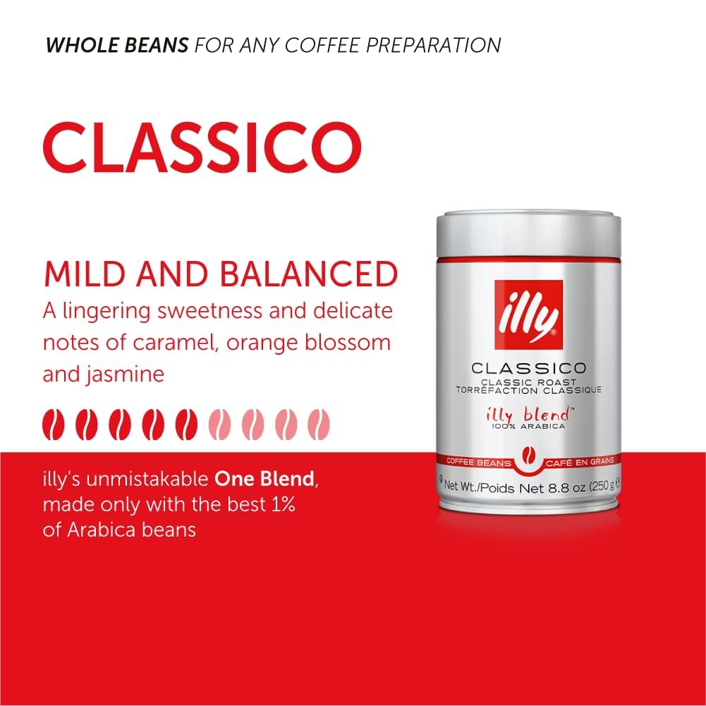 illy Whole Bean Coffee, Classico Medium Roast, 8.8oz, 12 Pack