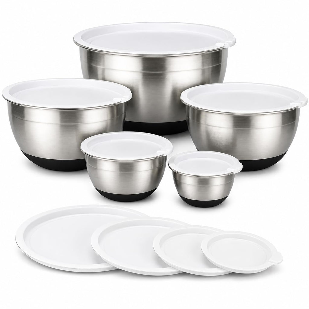 Avador Premium Stainless Steel Mixing Bowls with Lids Non-Slip, Set of 5 Mixing Bowl Set with Silicone Base, Space Saving, Great for Cooking, Baking, Prepping (0.25qt, 1qt, 1.5qt, 3qt, 5qt)