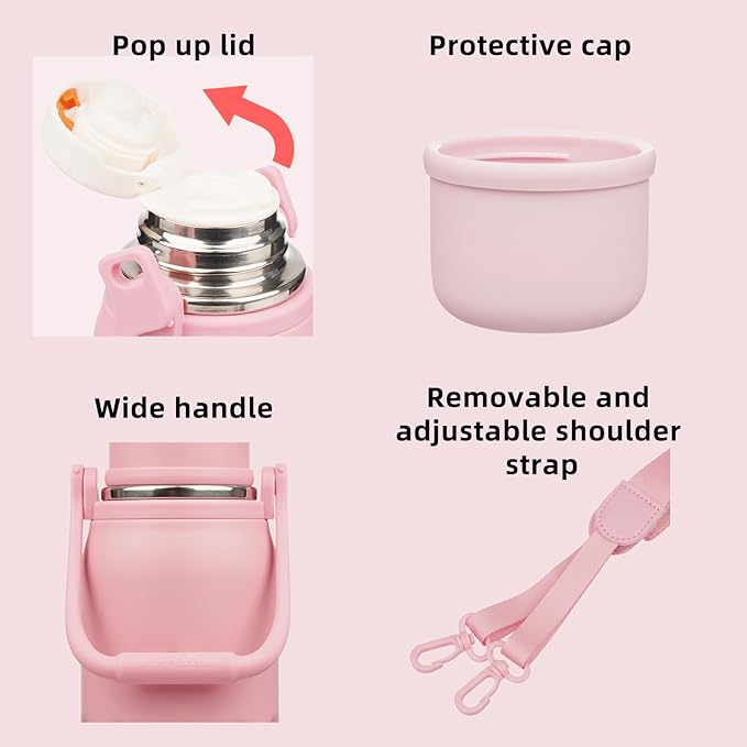 BJPKPK Insulated Water Bottle 27oz Stainless Steel Water Bottles with Handle and Cup Lid Travel Metal Thermos,Light Pink