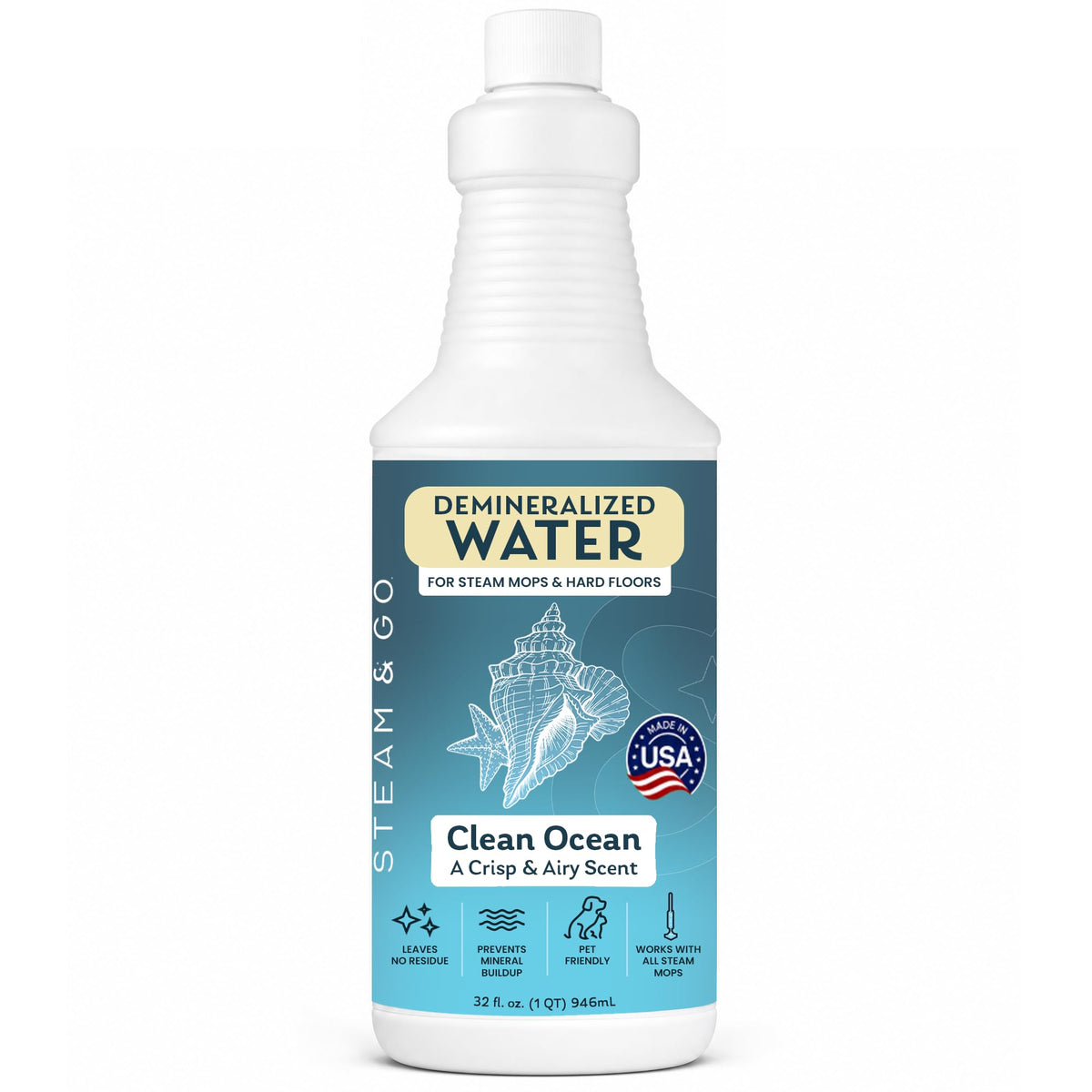 Steam & Go Demineralized Water for Steam Mop – Clean Ocean Scent, 32 oz (Pack of 12) | Scented Floor Cleaner Solution, Ready-to-Use, Compatible with Any Steam Cleaner