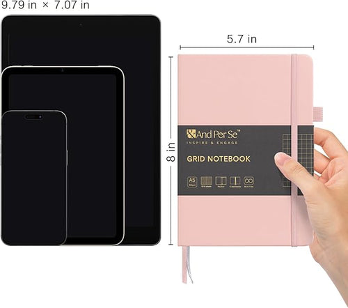 &And Per Se Graph Notebook, 5mm Grid, A5 Hardcover, 160 Pages 100gsm Thick Paper, Grid Journal for Diagrams, Wireframes, CAD Sketches (Pink)