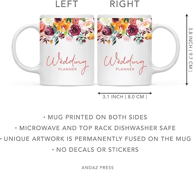Andaz Press 11oz. Wedding Ceramic Coffee Tea Mug Gift, Fall Autumn Burgundy Orange Peach Flowers Roses Florals, Wedding Planner, 1-Pack, Includes Gift Box