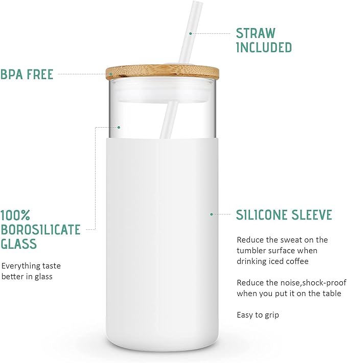 Tronco 20 oz Glass Tumbler Glass Water Bottle Straw Silicone Protective Sleeve Bamboo Lid - BPA Free - Amber/ 8 Pack