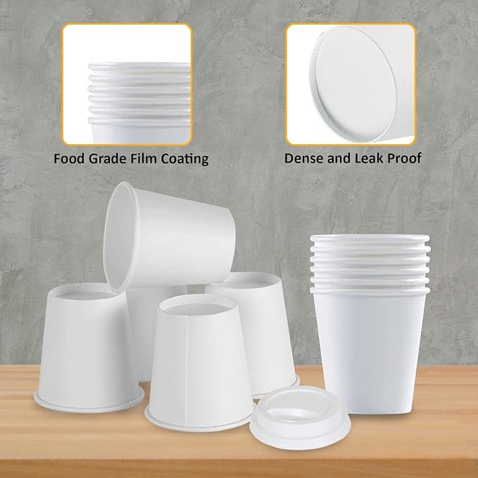 Smygoods White Disposable Paper Coffee Cups with Lids (4 OZ, 100 Count) For Hot Beverages, Tea, Espresso, Cocoa - To Go Drink Containers, Café & Office