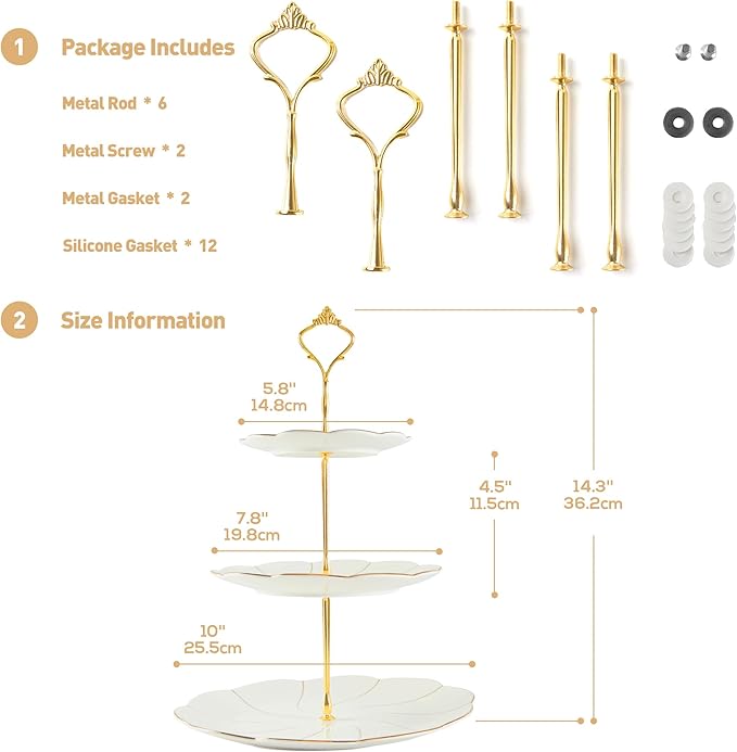 DUJUST 2pcs Porcelain 3-Tier Cupcake Stand Tower, British Style Serving Tray with Golden Trim, Food Grade Dessert Display Stand, Beautiful Gift for Tea Party & Home Décor