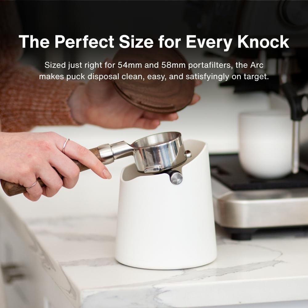 CREMA Coffee Products Arc Knock Box | Holds 12–16 Espresso Pucks | Durable Stain Resistant Build with Non Slip Base | Easy Clean Up Moisture Control | White Base & White Plastic Lid