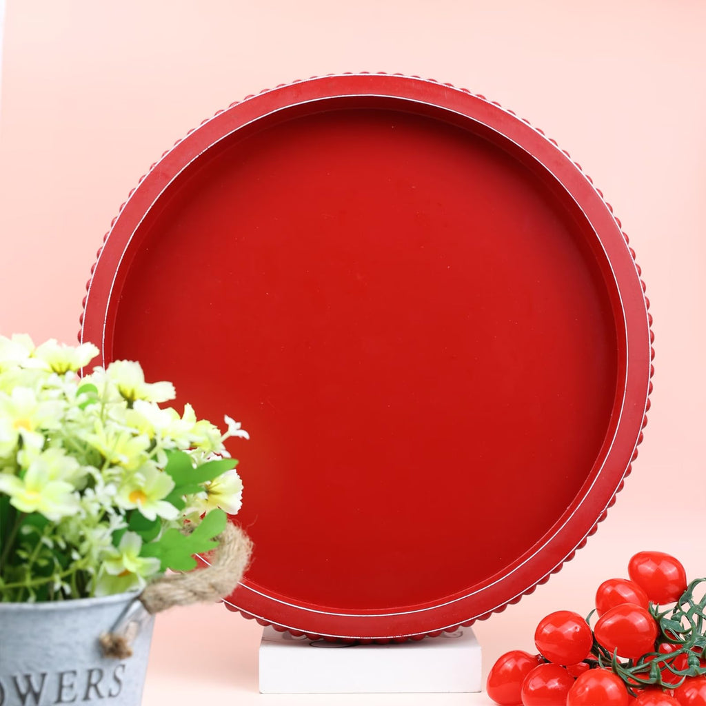 Hrastany Red Round Wood Decorative Ottoman Tray for Coffee Table Kitchen Counter, Living Room, Handcrafted Wooden Serving Tray for Table Centerpiece
