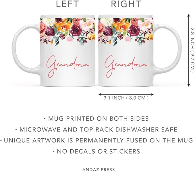 Andaz Press 11oz. Mother's Day Ceramic Coffee Tea Mug Gift, Fall Autumn Burgundy Orange Peach Flowers Roses Florals, Grandma, 1-Pack