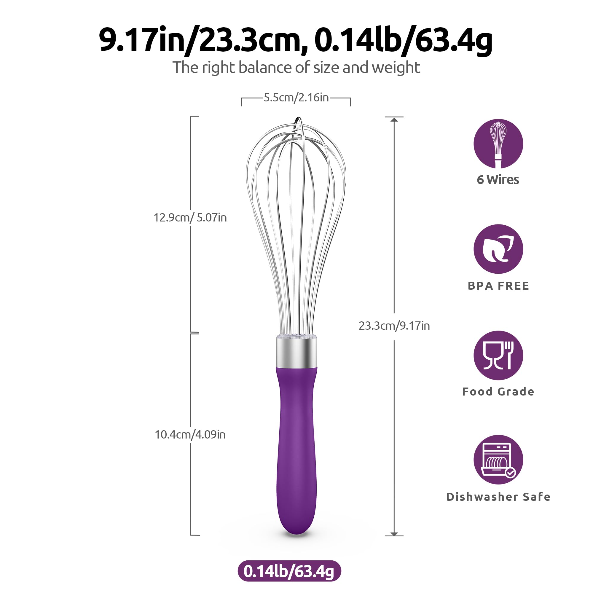 U-Taste Wire Whisk for Cooking, 18/10 Stainless Steel Balloon Wisk,S/Purple