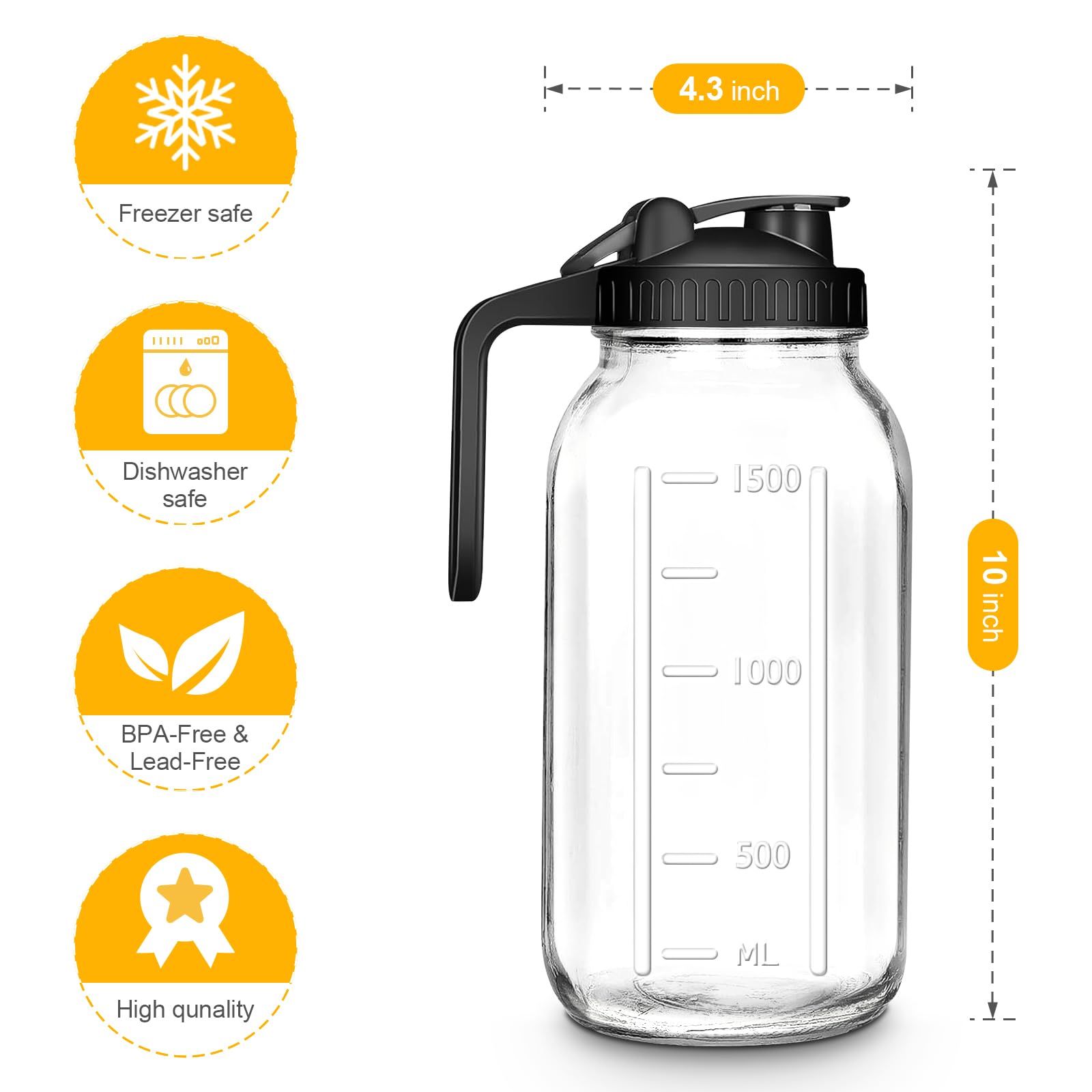 64oz Glass Mason Jar Pitcher with Lid 2 Quart Breast Milk Pitchers with Pour Spout Juice Jug Coffee Iced Tea Container for Fridge Leak-Proof Water Jug with Handle for Party Outside & Daily Use